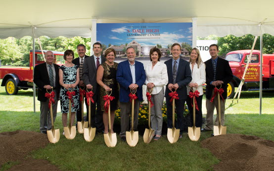 Breaking ground for The S. Dale High Leadership Center, from left to right: Rick Stoudt, president, High Construction Company; Elaine Richard, Executive Financial Assistant, The High companies; Dean Glick, Director, The High Family Office; Mike Shirk, CEO of the High companies; Robin Stauffer,  Corporate Secretary, The High companies and the Executive Director of The S. Dale High Family Foundation; S. Dale High, his wife Sadie, and children Greg High, Suzanne M. High Schenck, and Steve High.
